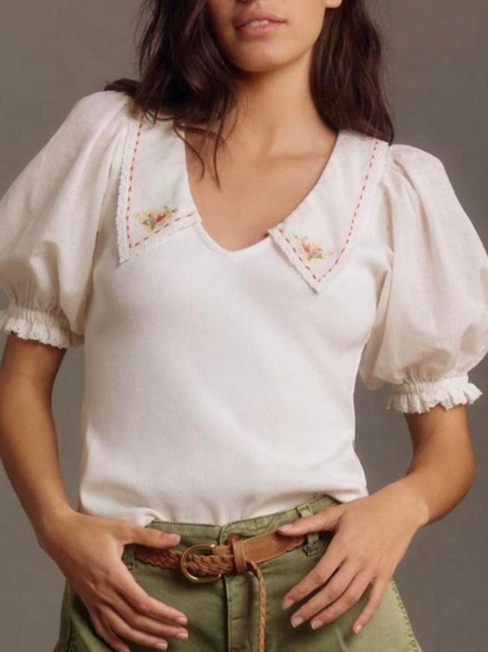 Anthroplogie Embroidered Collar Puff Sleeve Top - White